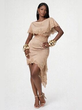 Beige Lace Trim Asymmetric Dress